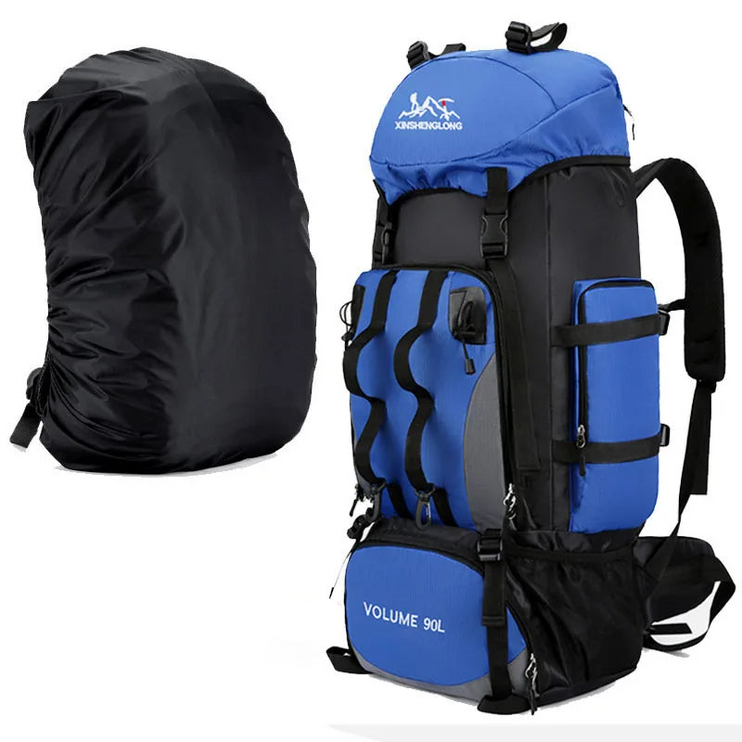 90L Waterdichte Outdoor Rugzak Blauw met Regenhoes - Extra Grote Backpack voor Expedities