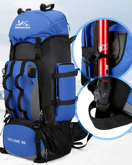 90L Waterdichte Outdoor Rugzak Blauw met Regenhoes - Extra Grote Backpack voor Expedities