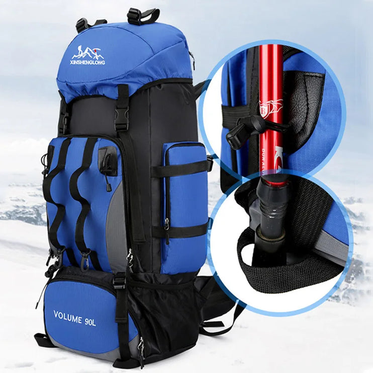 90L Waterdichte Outdoor Rugzak Blauw met Regenhoes - Extra Grote Backpack voor Expedities