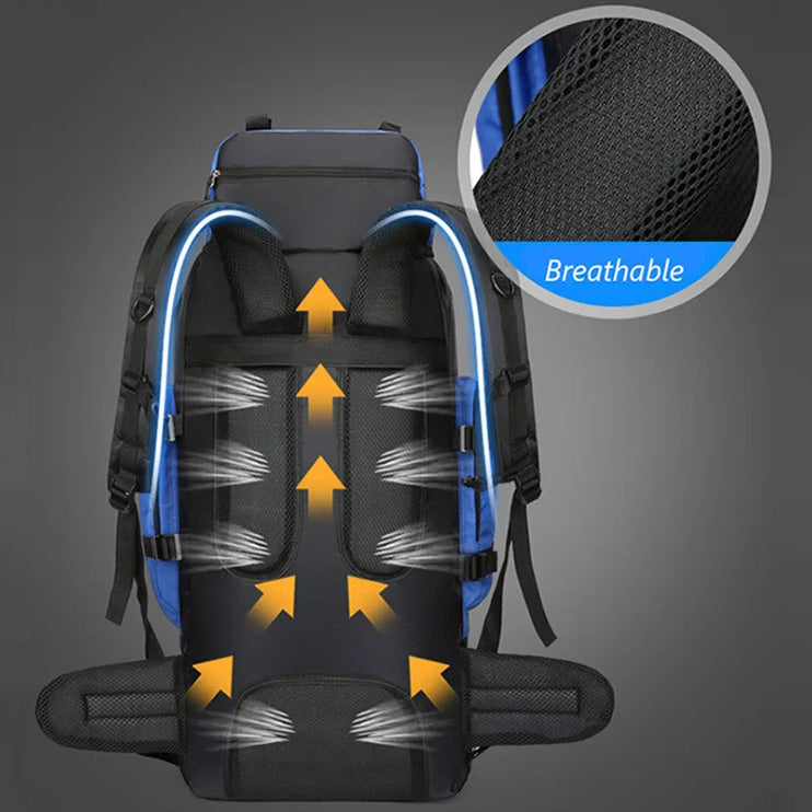 90L Waterdichte Outdoor Rugzak Blauw met Regenhoes - Extra Grote Backpack voor Expedities